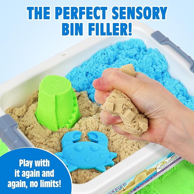 Billeeit. 4.4 lbs Play Sand w/Storage Sand Box for Kids 3+ | 4-Pack(2 Yellow, 1 Blue, 1 Green) Self-Sticking Sensory Sand with Storage Box for Shaping Molding Sensory Bin Refill