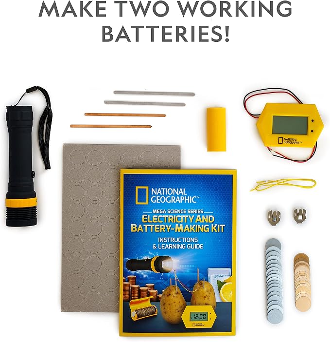 National Geographic Battery Making Science Kit with 2 STEM Projects | Potato Clock, Penny-Powered Flashlight, Electricity Experiments, Circuit Learning, Hands-On STEM Toy, Birthday Gift