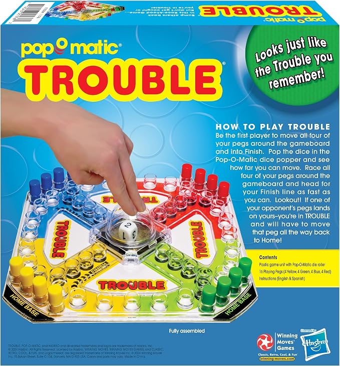 Winning Moves Classic Trouble, with Retro Art and Pop-O-Matic Popper | 2 to 4 Players, Ages 5+