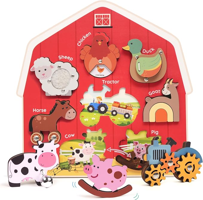 KALOTOYS Wooden Farm Animal Puzzle for Toddlers 1-3 – 8 Piece Montessori Sound & Sensory Puzzle with Textures & Spinning Tractor Gears – Fine Motor Learning Toy & Autism-Friendly Baby Gift