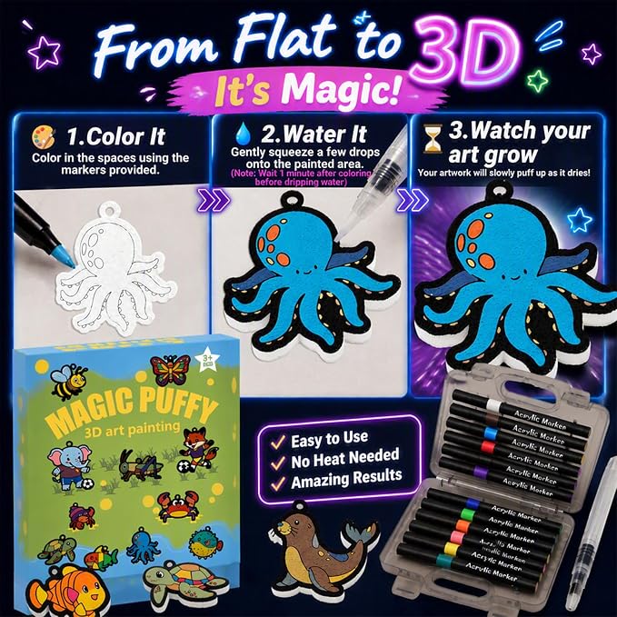 MWOMGLP Magic Foam Texture Painting Kit, 16 Pack DIY Puffy Foam Art Craft Set for Kids, 3D Sensory Painting Paper with Colorful Foam Sheets, Creative Gift for Boys Girls Ages 3+(Color Marine Animal)