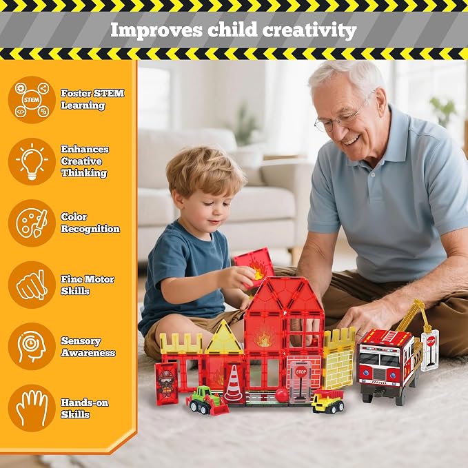 Magnetic Tiles Fire Truck Set,Magnet Blocks for Kids Ages 4-8 Boy STEM Toys | City Fire Rescue Station,Firefighter Pretend Play, Crane, Road,Car,Construction Building Toys for 4-8 Year Old Birthday Gifts