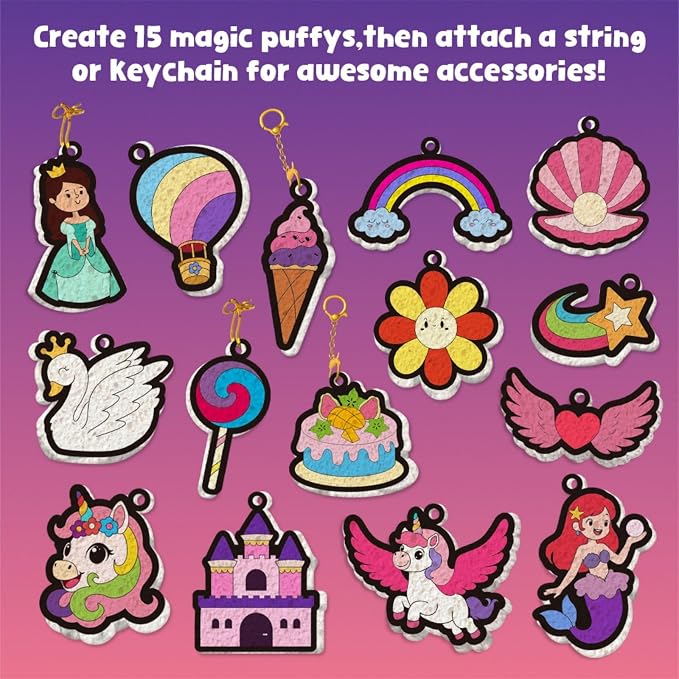 Magic Puffs 3D Art Craft, Princess & Unicorn Crafts for Kids, DIY Foam Texture Painting & Inflate Activity – Easy, Mess-Free Creative Fun, Ideal Christmas Birthday Gifts for Girls Boys Age 4-10