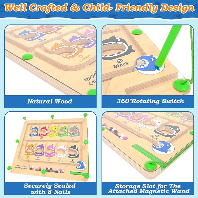 Magnetic Color & Number Maze, Montessori Counting Matching Toys, Wooden Magnetic Maze Board, Montessori Toy Fine Motor Skills Toys for 3 4 5 Years Old Preschool Learning Activities