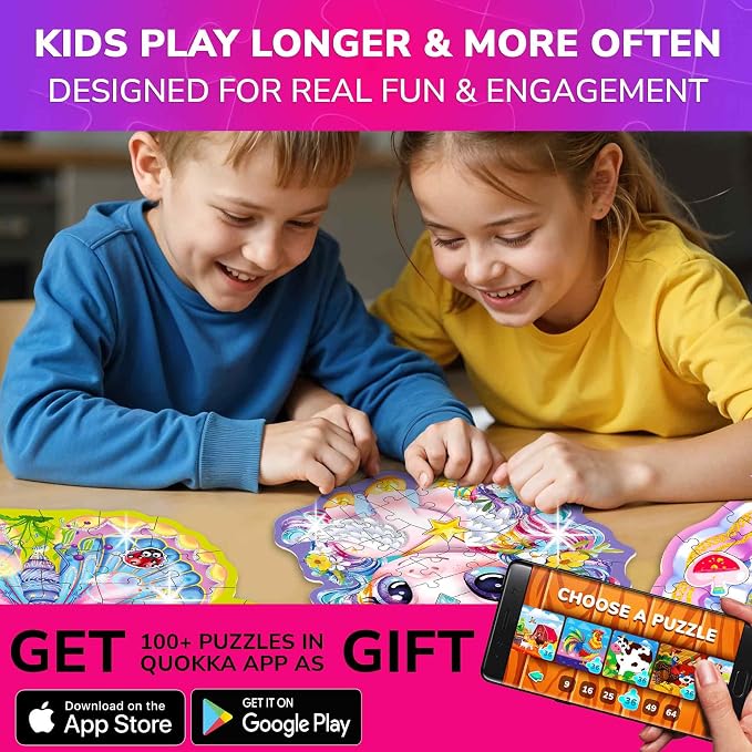 48 Piece Puzzles for Kids Ages 4-6 - 4 Jigsaw Kids Puzzles Ages 3-5 | Shimmery Princess, Mermaid, Butterfly and Unicorn Shaped Children's Game - Puzzles for Kids Ages 5-8 - Educational Toy Gift