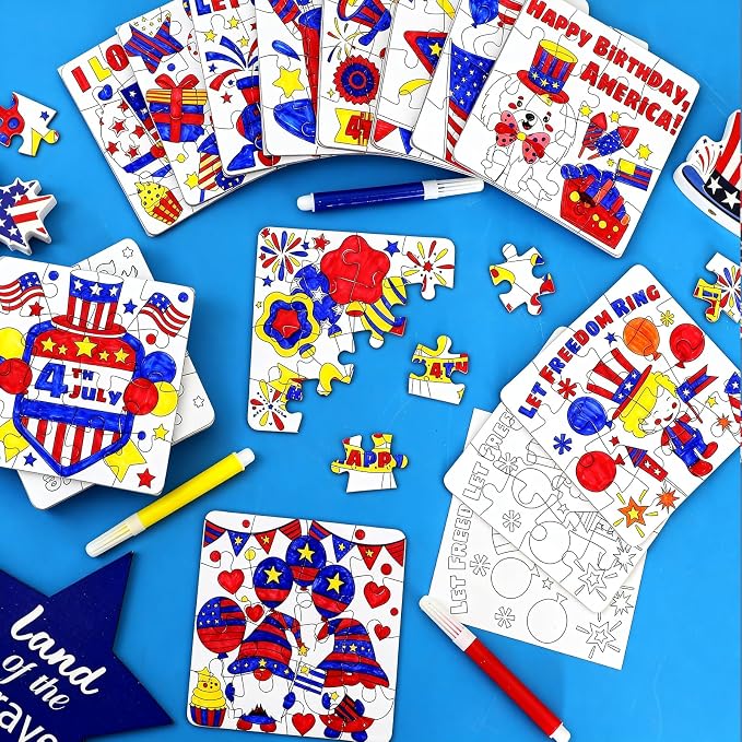 24 Sets 4th of July Crafts for Kids, Patriotic Crafts Activities DIY Puzzle Kits Red White Blue Star Flag Independence Day Memorial Day Jigsaw Painting Arts for Party Favors Gift Supplies Coloring Toy