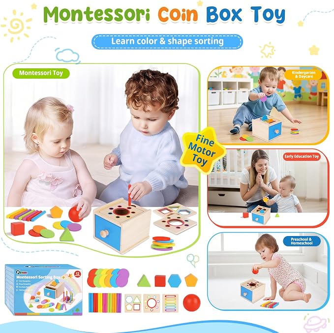 FCSONU Montessori Shape Sorters Toys for Toddler 1-3|Fine Motor Skills Toys | 3in1 Sorting Box | Coin Box Toy, Learning Color Sorting Toys Sensory Toys, Easter Christmas Birthday Gifts for Boys Girls Kid