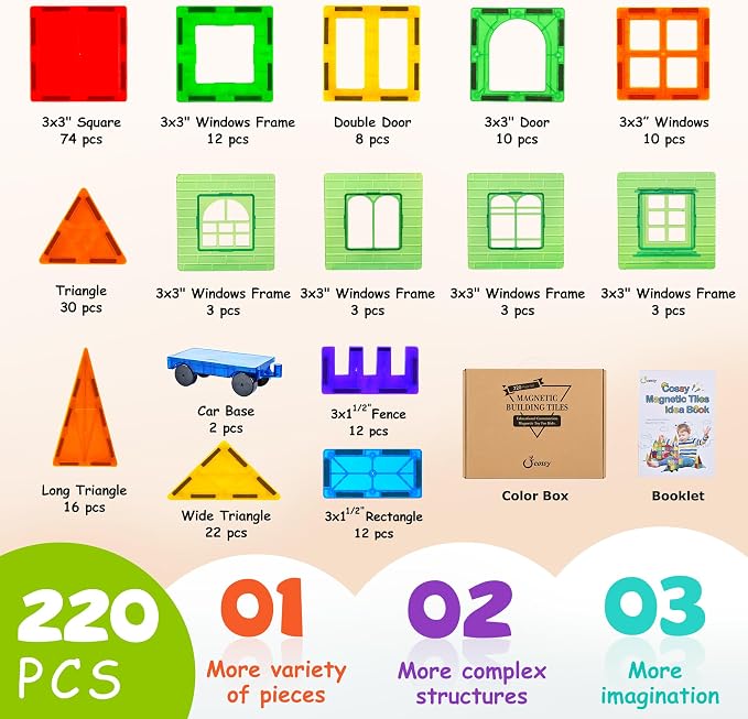 cossy 220Pcs Magnetic Tiles Magnetic 3D Building Blocks Set, Construction Toys for 3 4 5 6 7 8 Year Old Boy and Girl with Stronger Magnets, Educational Toys, Recreational, Conventional