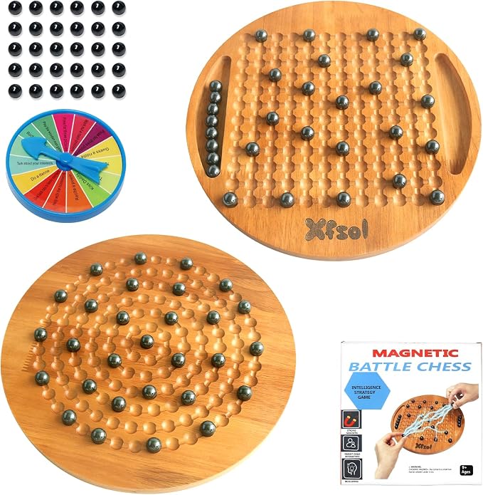 Magnetic Chess Game Set,Double Sided Hardwood Board Game with 30Pcs Magnet Balls,Develop Intelligence,Brain Exercise Magnetic Strategy Games for Kids,Teens and Adults (Style C)