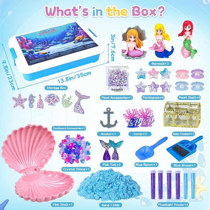 Mermaid Sensory Bin, Sandbox Play Sand Art Kit for Girls Boys 3 4 5 6 7 8 | Sensory Bin with Sandbox & Accessories & Tools & Colorful Sea Shell Gems Toys Set, Indoor Outdoor Pretend Play Beach Toy