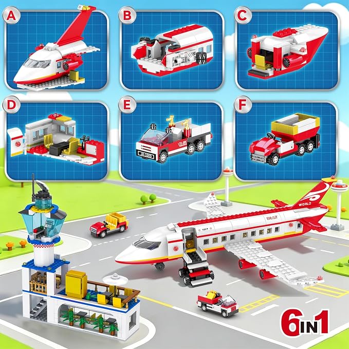 886 Pcs City Passenger Airplane Building Set | STEM 6 in 1 Airport Passenger Plane Building Block Toy with Terminal, Shuttle Bus,Luggage Cart, for Boys Girls Ages 6-12+