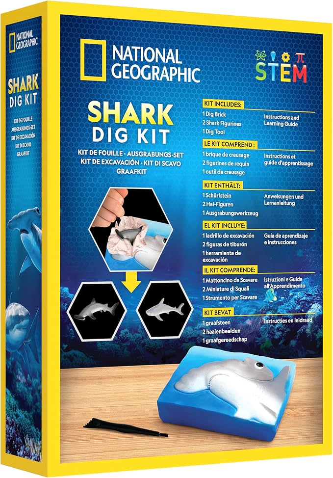 National Geographic Shark Dig Kit with 2 Shark Figures for Kids Ages 8-12 | 2 Shark Figures, Dig Brick, Excavation Tool, Shark Science Activity, Fossil Discovery, STEM Learning, Birthday Gift