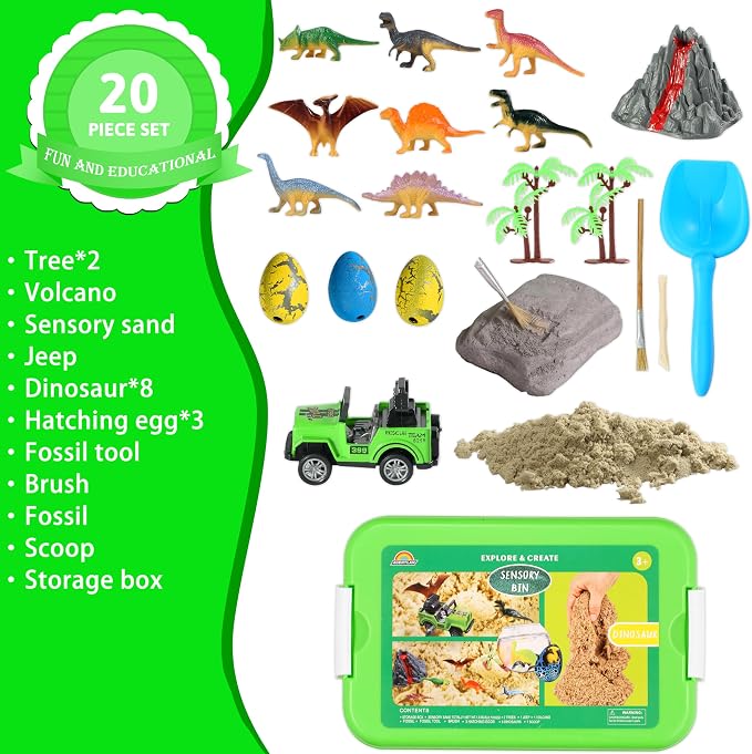 AGENTLAN Dinosaur Sensory Bin with Sensory Sand, Gifts for Boys Ages 3-8 | dinosaur dig sand box with dinosaurs, volcano, and tools, indoor and outdoor activity, toddler dinosaur toys