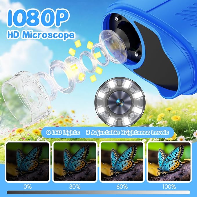 1000X Handheld Digital Microscope for Kids (Blue) | 4K HD 2.4" Screen, 200–1000X Magnification, Portable Kids Microscope, Educational STEM Toy, Gifts for Boys and Girls Age 5–12