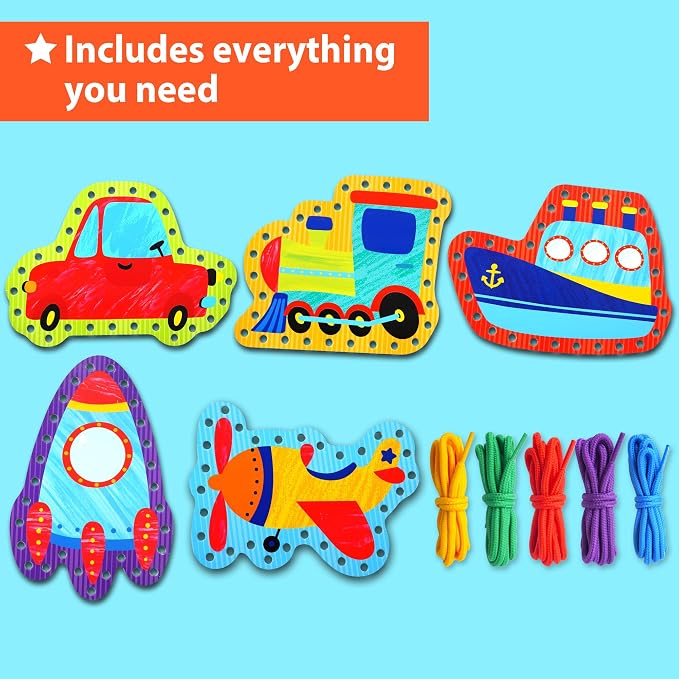 KRAFUN Transport Vehicle Lacing Cards Age 3+ | 5 Projects | 5 vehicle cards: Car, Rocket, Train, Plane & Ship. Builds fine motor skills for toddlers. Beginner activity ages 3+