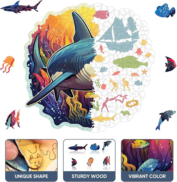Qiuenisray Wooden Puzzles for Adults, Shark Ocean Jigsaw Puzzles 200 Pieces, Funny Wall Decor, Wood Puzzle, FSC Certified Unique Shape Adult Puzzles Pieces, Creative Gift for Family Game 11.1x11.2 in
