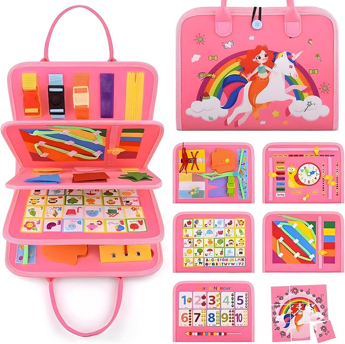 Montessori Busy Board Sensory Toddler Activity Book (Pink) | Toddla Learning Quiet Book for Girls & Boys Ages 1-3, Ideal Birthday & Christmas Gift for 1+ Year Old