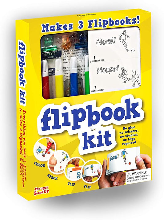 Fliptomania Flipbook Make-Your-Own Flip Book Kit for Kids 3 Pack, soccer, Basketball , & Blank DIY Flipbook Paper, Drawing Kids Arts & Crafts Project Set, Arts and Crafts for Kids Ages 8-12