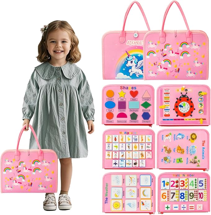 AIXMEET Toddler Busy Board Montessori Toys, Sensory Board Busy Book | toys for Toddlers 3456 Year Old , Preschool Learning Activities with Life, Shape,Color,Animal,Weather,8 Pages (Pink)