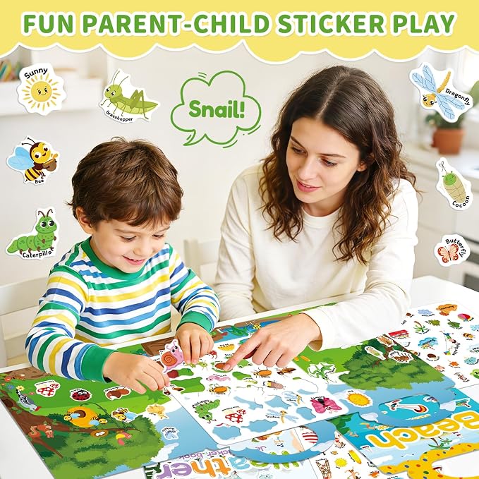 3 Sets Reusable Sticker Book for Toddlers 3-6, Jelly Sticker Books for Toddler, Travel Sticker Activity Toys for Kids 3 4 5 6 Years Old Girls & Boys（Weather + Insect + Beach）