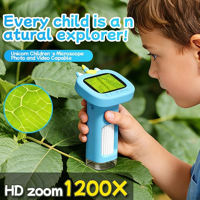 Microscope for Kids, Digital Handheld Kids Microscope with 10 Slides, Photo and Video Mini Portable Pocket Miniscope Science Toys Gifts for 3-12 Age Year Old Boys Girls (Blue)