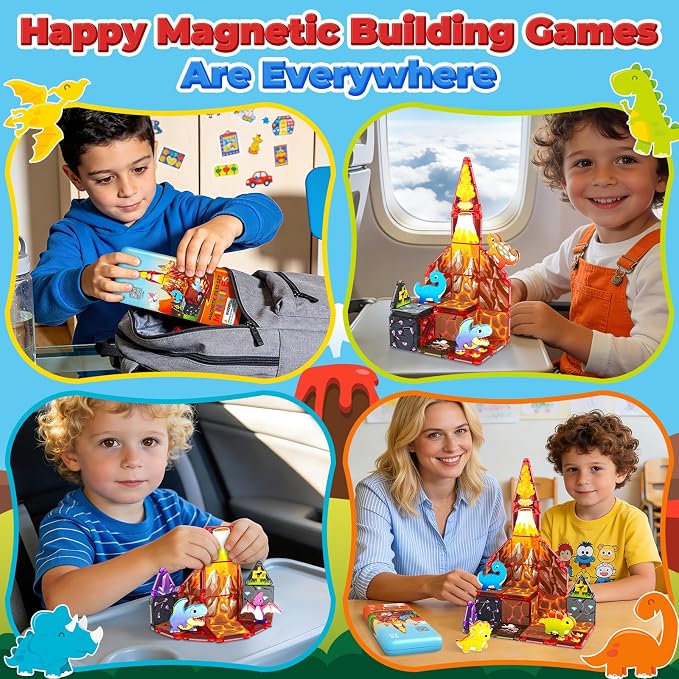 36PCS Mini Magnetic Tiles Dinosaur Kids Toys with Case - Toddler Travel Essentials Outdoor Set, Magnetic Blocks Montessori Preschool Sensory Building Toys for 3 4 5 Year Old Boys
