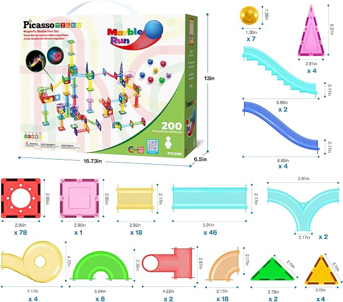 PicassoTiles 200 PCS Picasso Tiles Marble Run LED Race Track Set Ages 3+ | 193 translucent parts, 7 balls including 2 light-up, vertical & horizontal 3D builds, BPA-free ABS, fine motor & spatial play