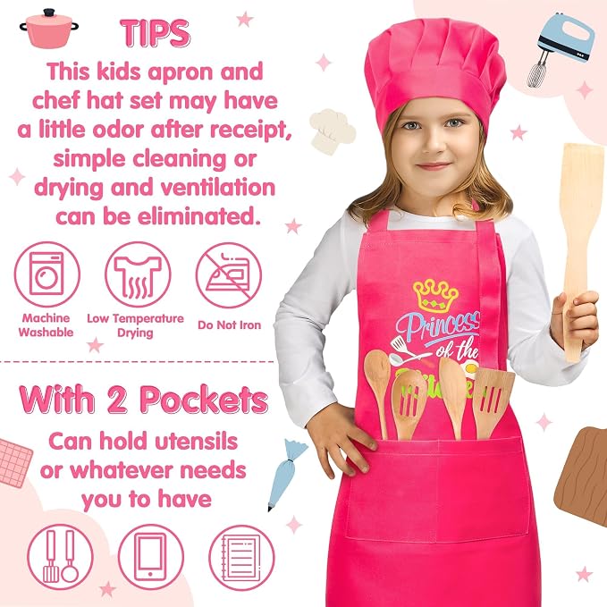 R HORSE 2 Piece Kid Apron and Chef Hat Set, Children Role Play Chef Toy | Rose Red Princess Adjustable Kitchen Apron for Girls, Ideal for Cooking, Baking, Painting, Training, Cooking Birthday Gift