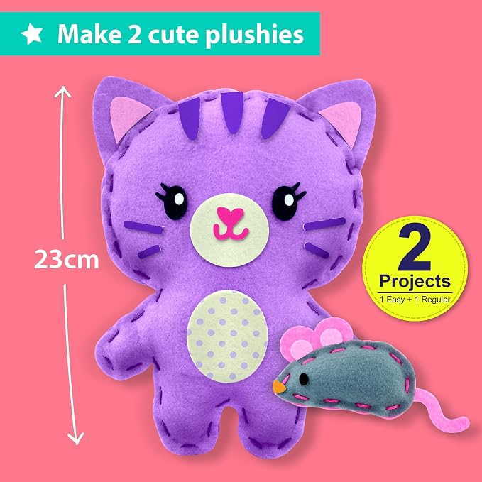 KRAFUN Beginner Sewing Kit, Sew Kitten & Mouse, Pre-Cut Felt, Kids Ages 5+ | Beginner Sewing Kit: Sew 2 Plushies, Kitten & Mouse. Pre-Cut, Pre-Punched Felt, No Scissors. Safe Plastic Needle for Kids