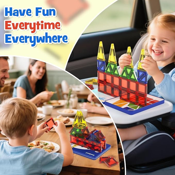 Mini Magnetic Tiles Travel Set: Holds 5+ Blocks, Strong Magnets for Car | 26PCS iron box, 45s quick storage. Ideal for plane & restaurant play, STEM toy for ages 3-8.