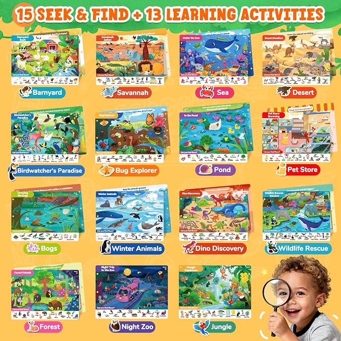 JoyCat Seek & Find Game Book - Animal Preschool Learning Activity | for Toddlers & Kids, Travel Activities Toys for Road Trip, Christmas Toys, Educational Gifts for Boys Girls Ages 3-5