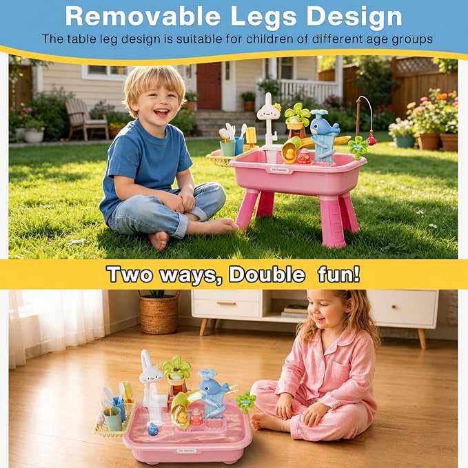 2026 Upgraded Water Table for Toddlers 1-3, Kids Mini Play Sink Toys with Running Water & Electric Pump, Kitchen Sink Sensory Toy, Fishing Game Outdoor Water Play Table for Kids Ages 4-8, Pink