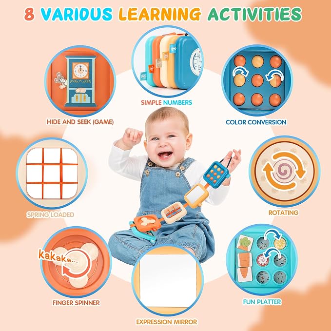 Busy Board for 1 Year Old, Travel Toys for Toddler 1-3 on Plane Car, Montessori Busy Board Busy Cube, Toys for 1 Year Old Boy Girl, Stocking Stuffers for Toddler (Blue)