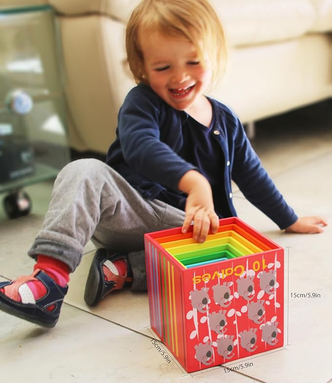 TOWO Wooden Stacking Boxes, Nesting Sorting Cups for Toddlers | Number, alphabet and animal blocks support stacking, nesting, sorting and early learning; Montessori toy for toddlers age 2+