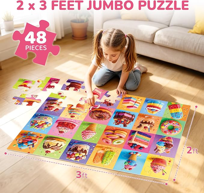 BenBen Floor Puzzles for Kids Ages 4-6, 2 x 3 Feet Dessert Party Puzzle | 48 Pieces Extra-Thick Large Piece Jumbo Jigsaw Puzzle for Toddlers, Preschool Educational Toy with Storage Box for Girls Boys