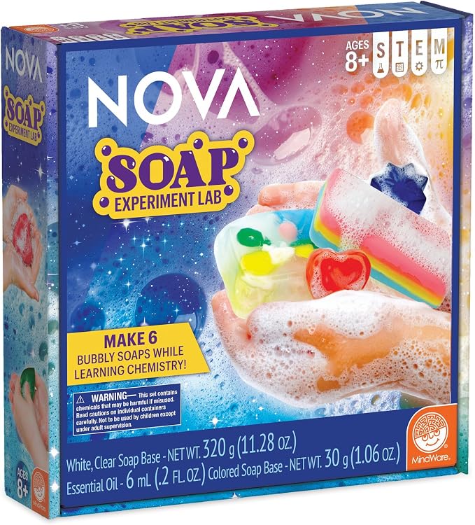 NOVA Soap Experiment Lab by MindWare Science Kit | Hands-on experiments kids set up and run themselves. Includes 2 bar soap molds and 2 beakers. Ages 8+.