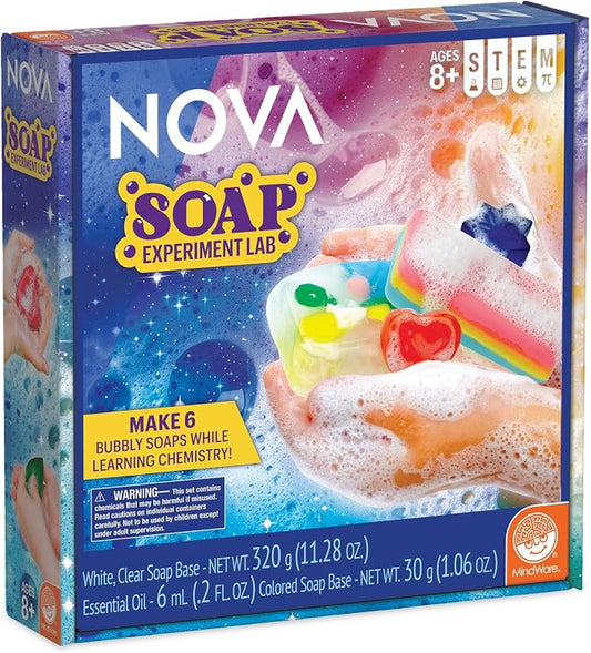 NOVA Soap Experiment Lab by MindWare Science Kit | Hands-on experiments kids set up and run themselves. Includes 2 bar soap molds and 2 beakers. Ages 8+.