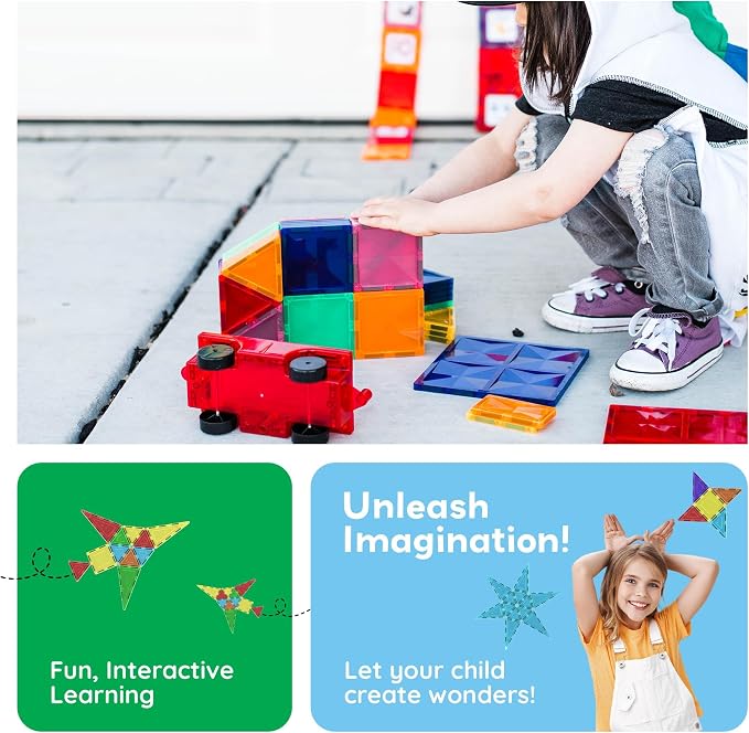 PicassoTiles 60 Piece Magnetic Tiles Clear 3D Building Blocks STEM Ages 3+ | Montessori sensory learning, easy small-hand grip, multiplayer group play fun, preschool classroom gifting, smooth safe edges