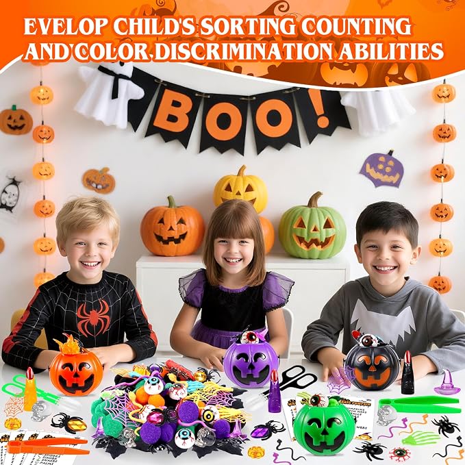 232Pcs Halloween Sensory Bin Filler Fine Motor Sensory Toys Include Cards Witch Finger Eyeball Bat Pumpkin Fillers for Counting Sorting Training