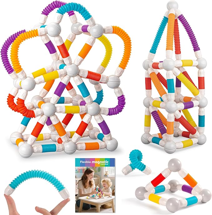 ROUSKY Magnetic Building Blocks Construction Set, 66 Pieces, Educational STEM Toy with Flexible Tubes and Connectors (66PCS)