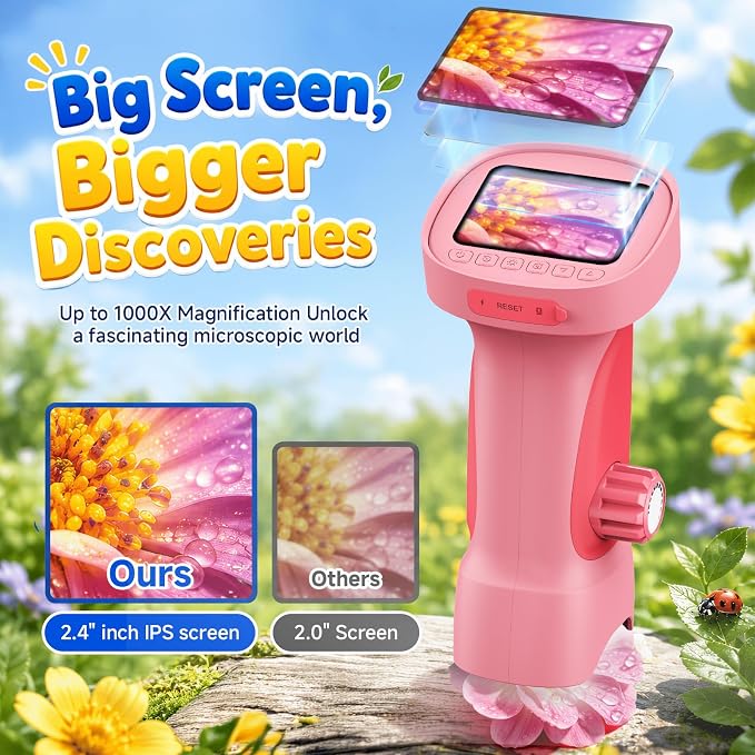 1000X Handheld Digital Microscope for Kids: Explorer 1080P Magnifying Glass | 2.4” IPS Portable Electronic STEM Outdoor Montessori Learning Toy, Birthday Gifts for 4 5 6 7 8-12 Year Old Boys Girls