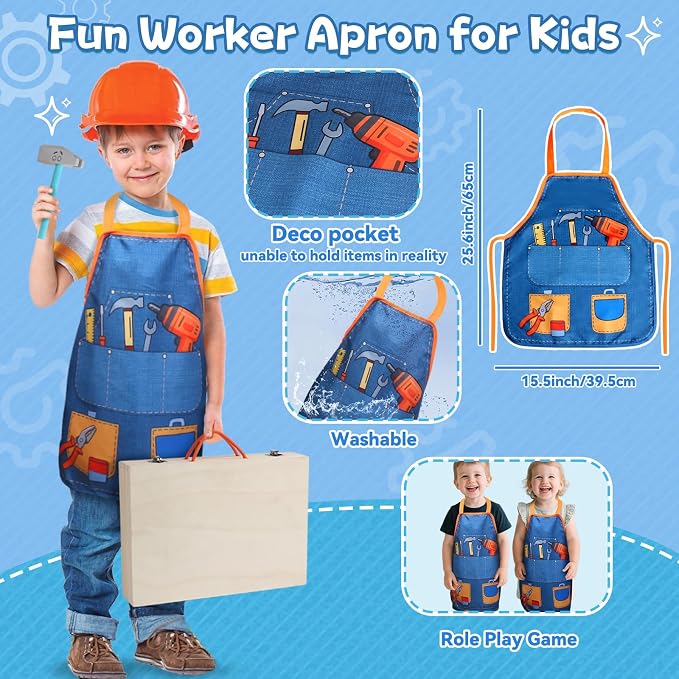 Wooden Kids Tool Set with Drill, Montessori Toys for 3 Year Old Boys | 44 Pcs with Apron & Box Easy Storage STEM Tool Set for Pretend & Fine Motor Skills Birthday Gifts for 3 4 5 Year Old Boy Girl