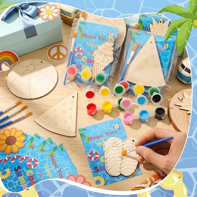 Saypacck 24 Pcs Summer Beach Party Favors Wooden Paint Craft Kits | Hawaiian Theme Kids Crafts, Includes Paints Brushes Organza Bags, Goodie Fillers for Preschool Birthday Gifts