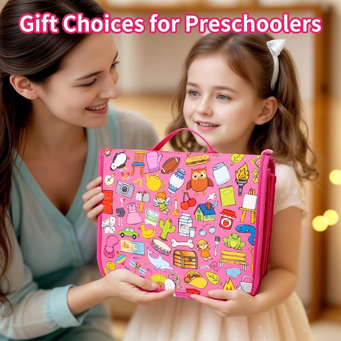 Toddler Busy Board, Montessori Busy Book, Quiet Educational Activity Book | 12-Page Learning Sensory Toys for Motor Skills, Toddlers Travel Toy for Car Airplane, Girl Kids Birthday Gifts (Pink)