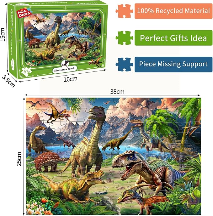Dinosaur World 100 Piece Puzzle for Kids Ages 5-8 - Children's Learning Educational Toy Gift for Girls 5-10 Years Old (15" X 10")