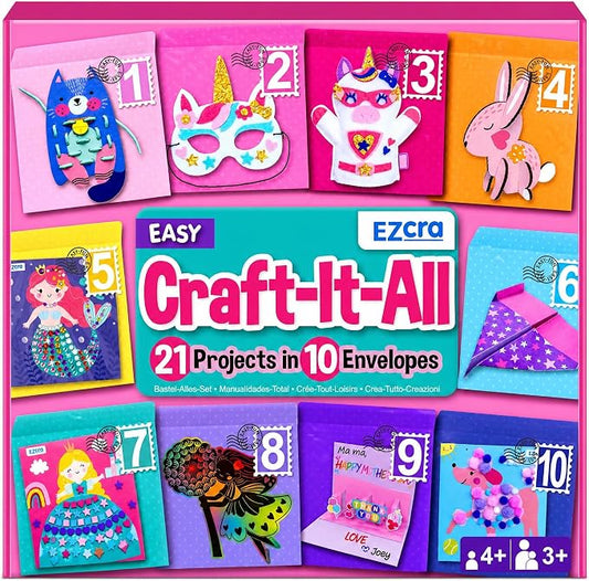 EZCRA Unicorn Craft Box for Kids Ages 4-8 – 21 Projects in 1 | Unicorn Craft Kit for Girls. 21 Craft Projects included. Mess-Free Activity Kit. Birthday Gift for Girls.