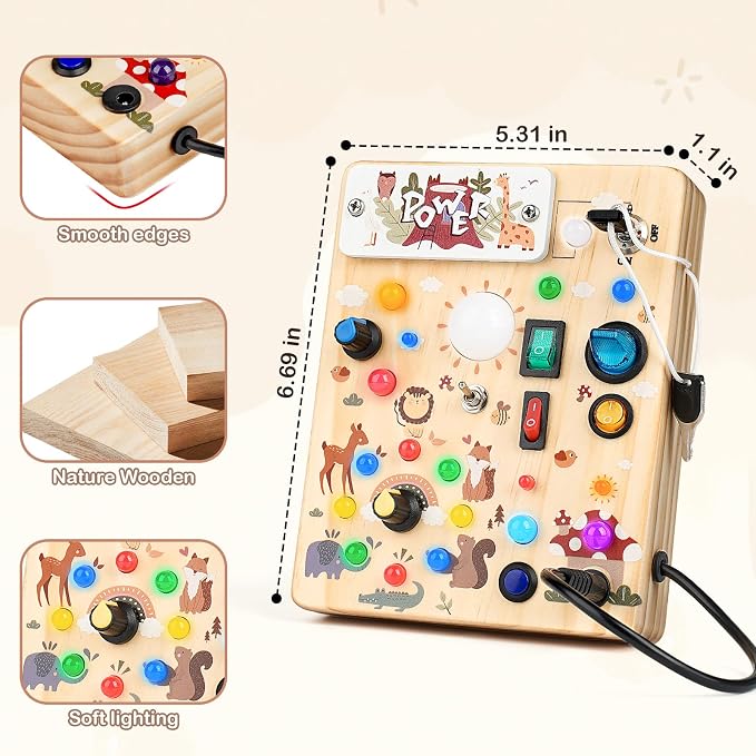 LED Busy Board for Toddlers 1-3,Montessori Toy with Key Switch, Light Up Wood Activity Sensory Board for Fine Motor Skills, Educational Travel Toy Gift for 1 2 3 Year Old Boys Girl