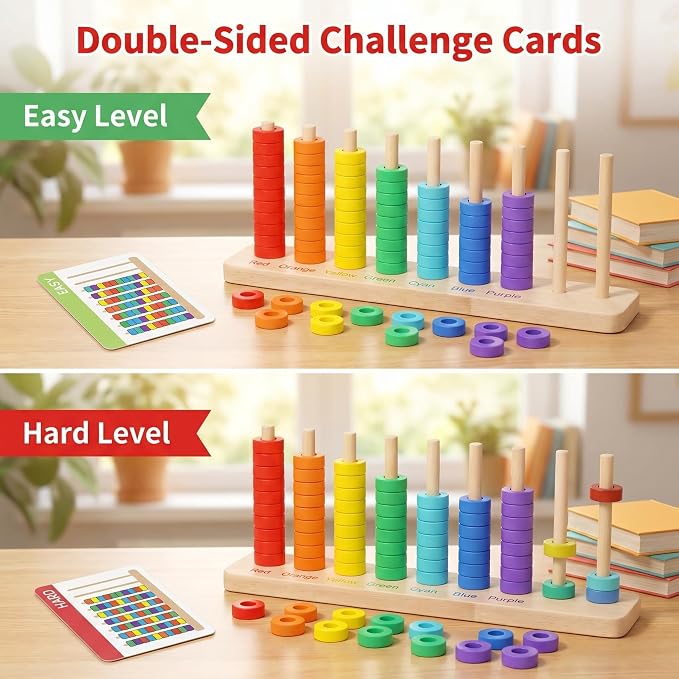 Color Sorting & Stacking Game with Challenge Cards for Kids, Wooden Color Matching Game with 40 Patterns(Easy & Hard), Fine Motor Skills Learning Montessori Toy, Preschool Educational Gift for Kids