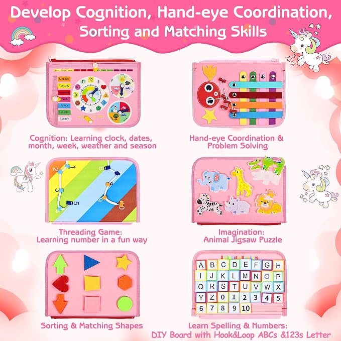 Esjay Busy Board Montessori Toys for Girls, Sensory Book Educational Activities for Learning Fine Motor Skills, Birthday Gifts for Girls, Travel Toys for Airplane Car, Pink Multipages