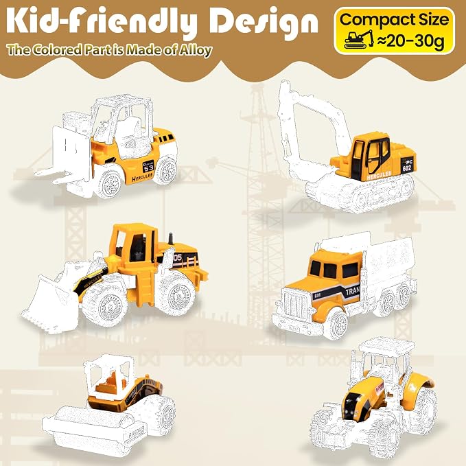 Oriate Diecast Small Toy Construction Vehicles, 6PCS Construction Toys Set | Bulldozers Forklift Excavator Alloy Construction Trucks, mini Toy Cars Model for Kids 3-5, Boys Girls Birthday Christmas Gift